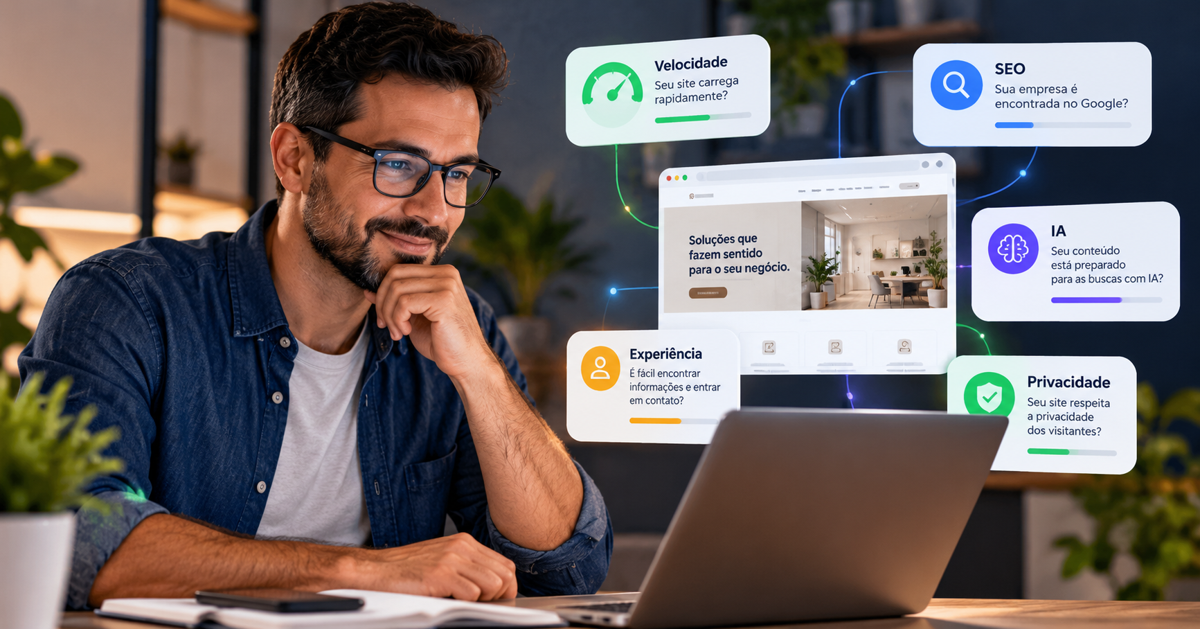 Profissional avaliando o desempenho e as oportunidades de melhoria do site de sua empresa.