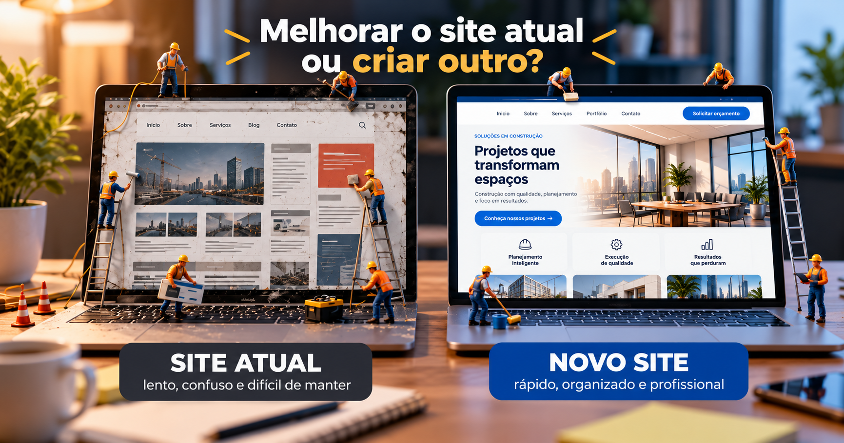 Dois notebooks mostram um site antigo em manutenção e sua versão renovada, com trabalhadores em miniatura, escadas e ferramentas.