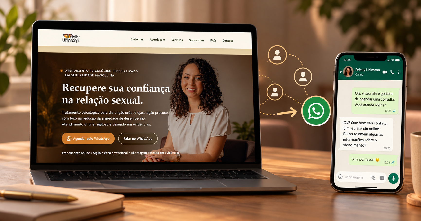 Notebook exibindo o site da psicóloga Drielly Uhlmann ao lado de um celular com conversa no WhatsApp, ilustrando a conversão de visitantes em contatos.