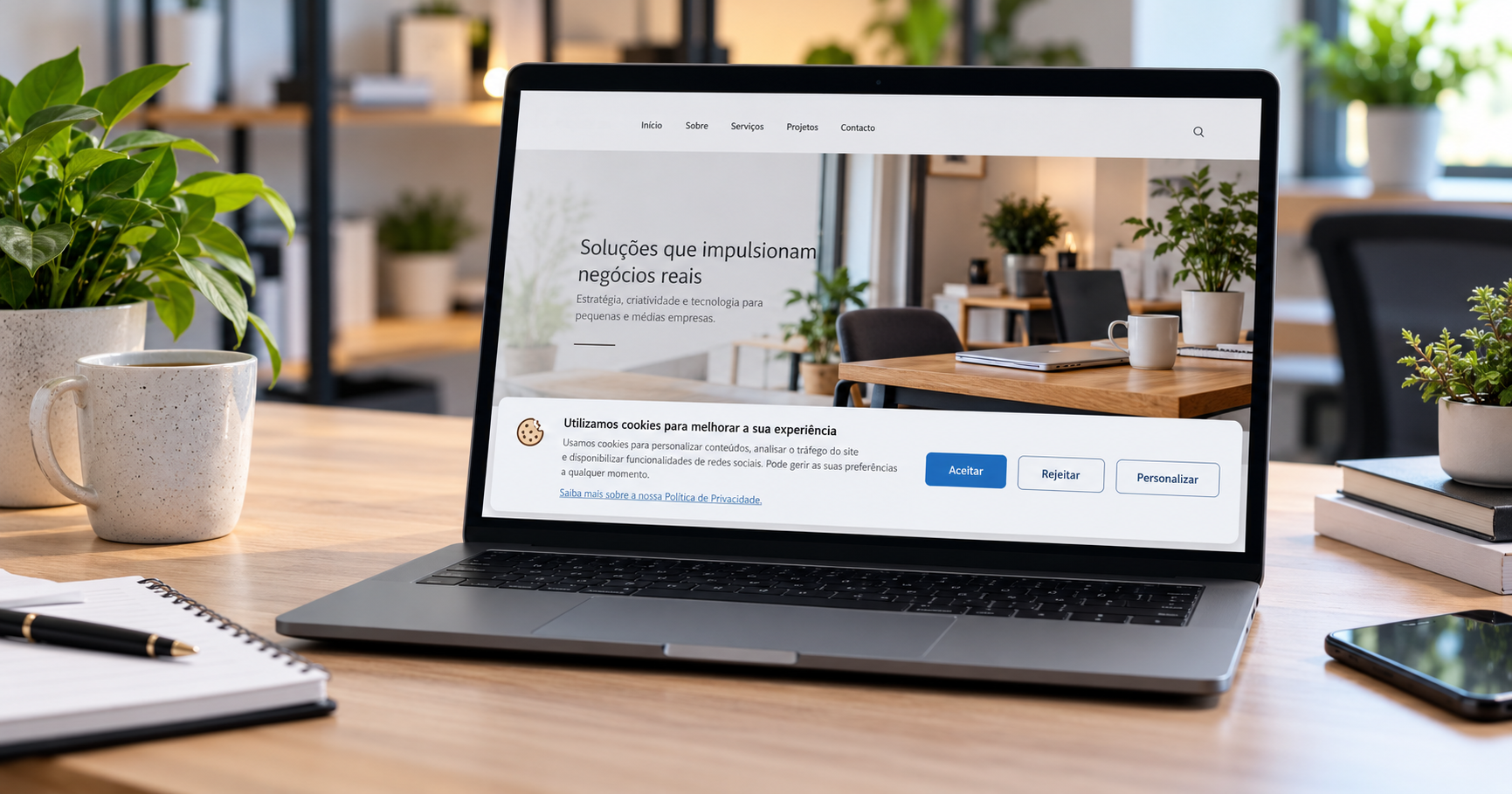 Notebook exibindo um site com aviso de cookies e opções para aceitar, rejeitar ou personalizar preferências.