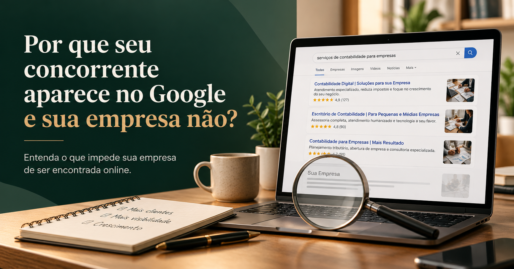 Empresário pesquisando serviços no Google em um notebook, representando a disputa por visibilidade entre empresas concorrentes.