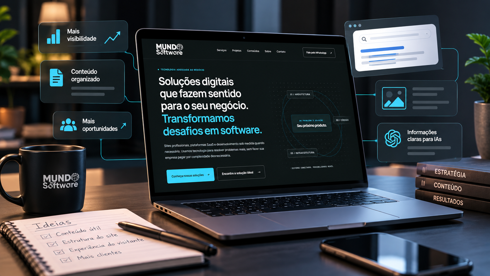 Notebook exibindo o site da Mundo do Software, com elementos visuais que representam organização de conteúdo, visibilidade nas buscas e presença digital.